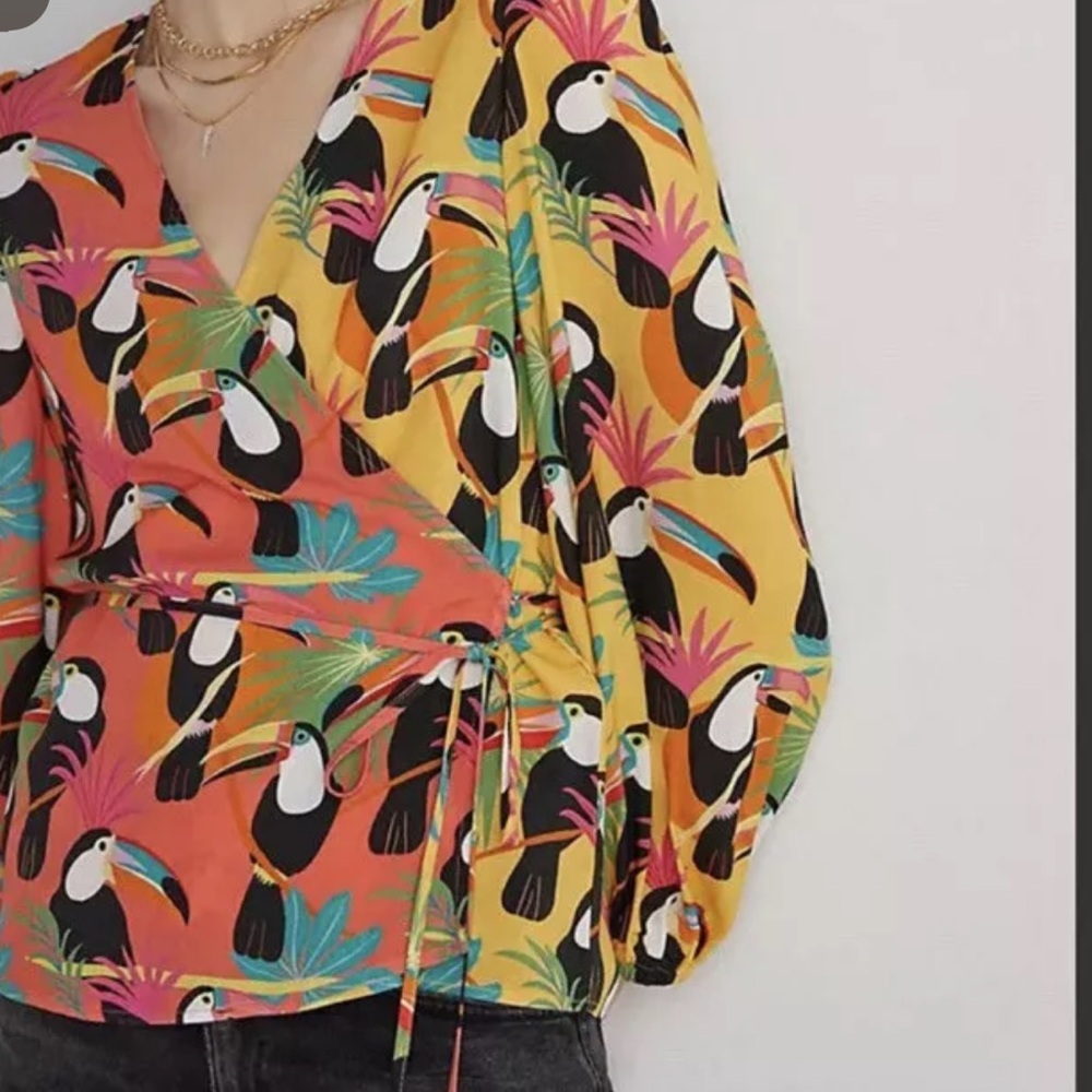Anthropologie‎ Farm Rio Top Toucan Wrap balloon pull sleeve XS oversized bright - Picture 3 of 11